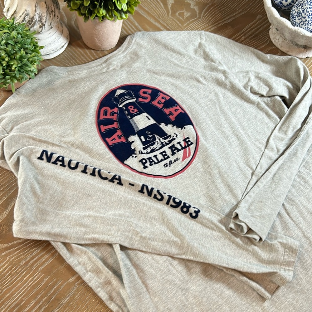 Mens Nautica Heather Gray Air & Sea Pale Ale Beer Long Sleeve Graphic Tee XL